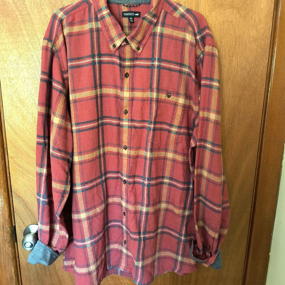 Toad & Co Flannel Shirt Mens XXL Orange Brown Plaid Contrasting Cuff Hiking Cozy